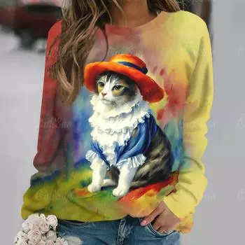 Модная женская футболка с длинным рукавом и круглым вырезом с принтом кота в стиле Харадзюку для весны и лета, повседневные футболки, топы, пуловер в тон S