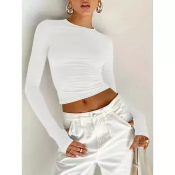 Модная женская футболка с длинным рукавом и круглым вырезом, однотонный облегающий женский укороченный топ с отверстиями для больших пальцев для повседневной уличной одежды летом S коричневый