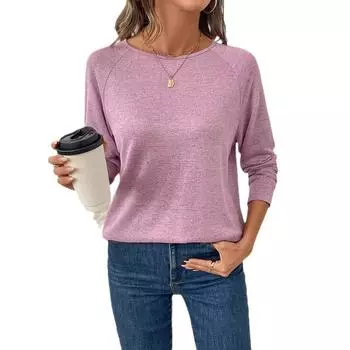 Модная женская футболка с длинным рукавом и круглым вырезом, однотонная, на пуговицах, дышащая, с короткими рукавами, блузка, топ XS фиолетовый