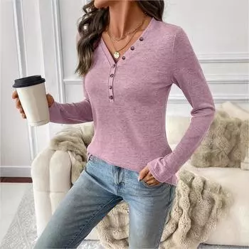 Модная женская футболка с длинным рукавом, однотонная, на пуговицах, дышащая, с принтом, блузка, топ XS фиолетовый