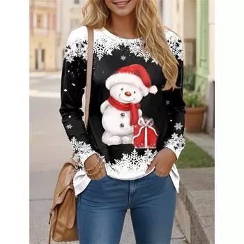 Модная женская футболка с длинным рукавом с 3D-принтом и рождественским рисунком снеговика, топы, забавный обычный крой, весна-осень, тонкая S
