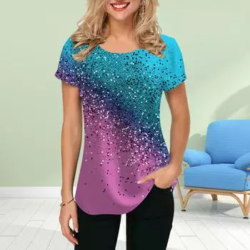 Модная женская футболка с двухцветным принтом, забавная повседневная футболка с круглым вырезом и короткими рукавами, летняя женская футболка XS синий