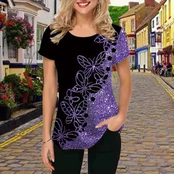 Модная женская футболка с фиолетовым ромбовидным принтом бабочки, забавная повседневная футболка с круглым вырезом и короткими рукавами, летняя женская футболка XS розовый