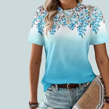 Модная женская футболка с градиентным цветочным принтом, забавная повседневная футболка с круглым вырезом и короткими рукавами, летняя женская футболка XS синий