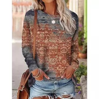 Модная женская футболка с графическим принтом, повседневная, с длинным рукавом, на выходных, винтажная, этническая, с круглым вырезом, стандартный крой, с рисунком S