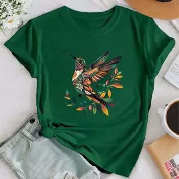 Модная женская футболка с контрастным принтом колибри в стиле ретро, забавная повседневная футболка с круглым вырезом и короткими рукавами, летняя женская футболка XS зелёный