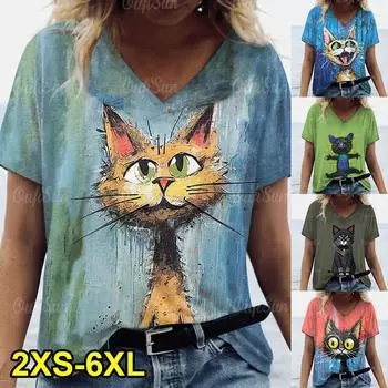 Модная женская футболка с короткими рукавами, круглый вырез с принтом котенка, большой женский топ в стиле Y2K, дышащая футболка с короткими рукавами