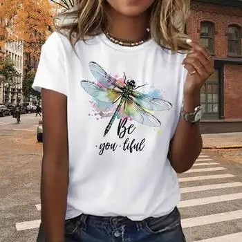 Модная женская футболка с красивым цветочным принтом стрекозы, забавная повседневная футболка с круглым вырезом и короткими рукавами, летняя женская футболка XS фиолетовый