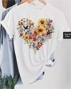 Модная женская футболка с красивым цветочным принтом «Любовь», забавная повседневная футболка с круглым вырезом и короткими рукавами, летняя женская футболка XS белый