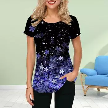 Модная женская футболка с красивым принтом вишневых цветов, забавная повседневная футболка с круглым вырезом и короткими рукавами, летняя женская футболка XS синий