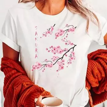 Модная женская футболка с красивым принтом вишневых цветов, забавная повседневная футболка с круглым вырезом и короткими рукавами, летняя женская футболка XS белый