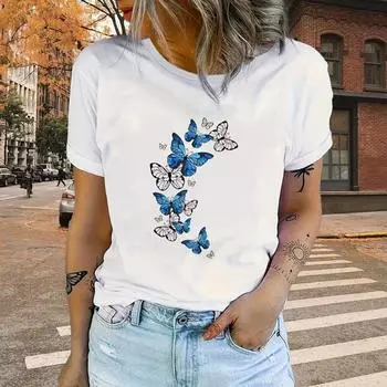 Модная женская футболка с красивым животным принтом бабочки, забавная повседневная футболка с круглым вырезом и короткими рукавами, летняя женская футболка XS белый