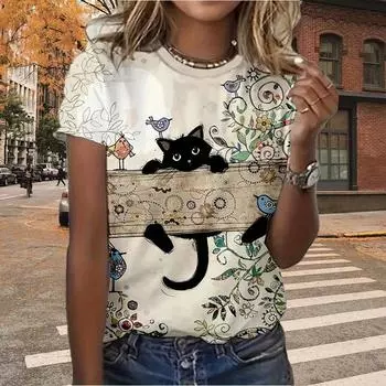 Модная женская футболка с красивыми животными, кошками, птицами, бабочками, жирафами и принтом, забавная повседневная футболка с круглым вырезом и короткими рукавами, летняя женская футболка XS розовый