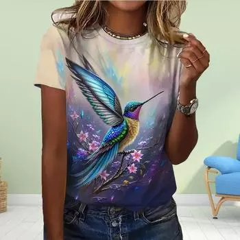 Модная женская футболка с красочным принтом колибри, забавная повседневная футболка с круглым вырезом и короткими рукавами, летняя женская футболка XS розовый