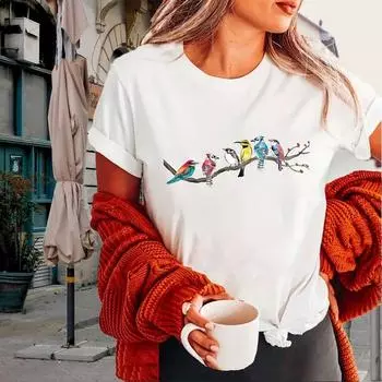 Модная женская футболка с красочным принтом птиц, забавная повседневная футболка с круглым вырезом и короткими рукавами, летняя женская футболка XS белый