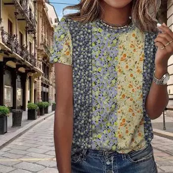 Модная женская футболка с креативным цветочным принтом, забавная повседневная футболка с круглым вырезом и короткими рукавами, летняя женская футболка XS фиолетовый