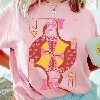 Модная женская футболка с креативным принтом персонажей покера, забавная повседневная футболка с круглым вырезом и короткими рукавами, летняя женская футболка XS розовый