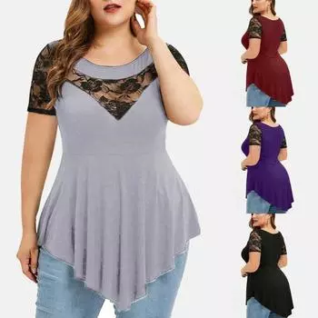 Модная женская футболка с круглым вырезом, цветочное кружево, прозрачная блузка в стиле пэчворк с коротким рукавом 2XL фиолетовый