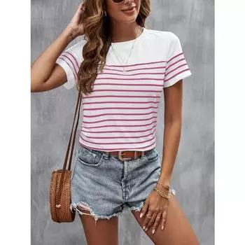 Модная женская футболка с круглым вырезом, летняя уличная мода, топы с коротким рукавом, свободная женская одежда большого размера с полосатым принтом S