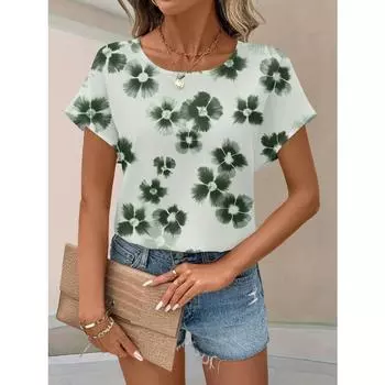 Модная женская футболка с круглым вырезом, летняя повседневная уличная футболка с коротким рукавом, с цветочным принтом, свободная женская одежда больших размеров S