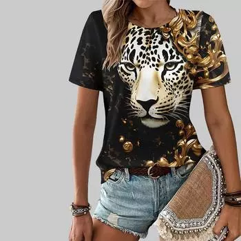 Модная женская футболка с леопардовым принтом льва, забавная повседневная футболка с круглым вырезом и коротким рукавом, летняя женская футболка XS фиолетовый