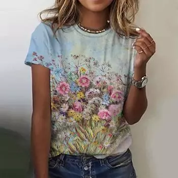 Модная женская футболка с масляной живописью, цветочным рисунком, 3D принтом, короткими рукавами, летняя одежда большого размера из полиэфирного волокна M