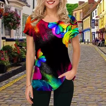 Модная женская футболка с мечтательным принтом бабочки, забавная повседневная футболка с круглым вырезом и короткими рукавами, летняя женская футболка XS красный