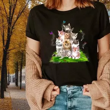 Модная женская футболка с милым играющим котом и бабочкой, забавная повседневная футболка с круглым вырезом и короткими рукавами, летняя женская футболка XS белый