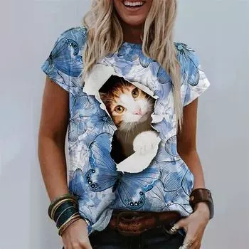 Модная женская футболка с милым котом, 3D цифровая печать, футболки, летние свободные топы с коротким рукавом и изображением животных, одежда S