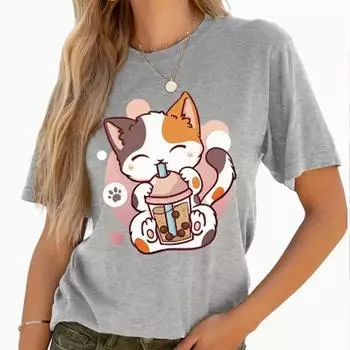 Модная женская футболка с милым котом, пьющим чай с молоком, забавная повседневная футболка с круглым вырезом и короткими рукавами, летняя женская футболка XS розовый