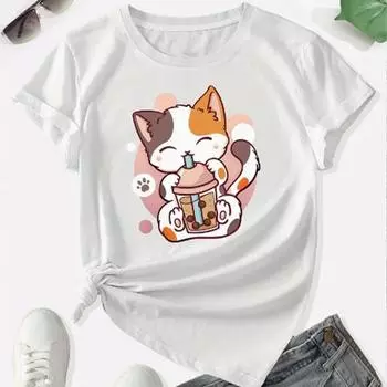 Модная женская футболка с милым котом, пьющим чай с молоком, забавная повседневная футболка с круглым вырезом и короткими рукавами, летняя женская футболка XS серый