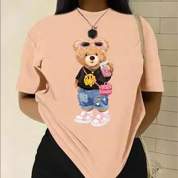 Модная женская футболка с милым мультяшным плюшевым мишкой, забавная повседневная футболка с круглым вырезом и короткими рукавами, летняя женская футболка XS розовый