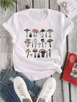 Модная женская футболка с милым мультяшным принтом грибов и растений, забавная повседневная футболка с круглым вырезом и короткими рукавами, летняя женская футболка XS розовый