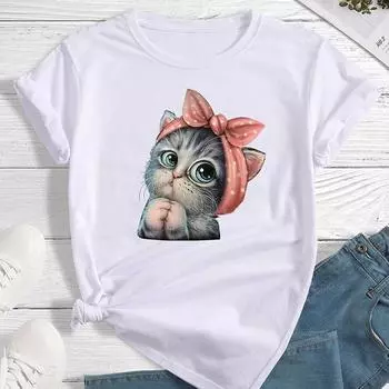 Модная женская футболка с милым мультяшным животным и принтом кота, забавная повседневная футболка с круглым вырезом и короткими рукавами, летняя женская футболка XS зелёный
