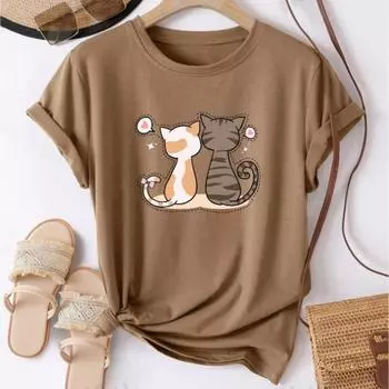 Модная женская футболка с милым парным котом и принтом, забавная повседневная футболка с круглым вырезом и короткими рукавами, летняя женская футболка XS розовый