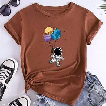 Модная женская футболка с милым принтом «Астронавт Планета», забавная повседневная футболка с круглым вырезом и короткими рукавами, летняя женская футболка XS чёрный