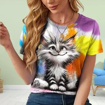 Модная женская футболка с милым принтом Fury Cat, забавная повседневная футболка с круглым вырезом и короткими рукавами, летняя женская футболка XS белый