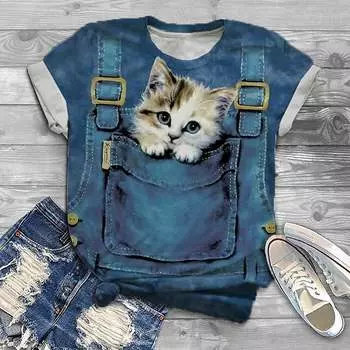 Модная женская футболка с милым принтом кота, забавная повседневная футболка с круглым вырезом и короткими рукавами, летняя женская футболка