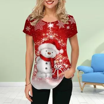 Модная женская футболка с милым принтом лося и снеговика, забавная повседневная футболка с круглым вырезом и короткими рукавами, летняя женская футболка XS белый