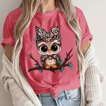 Модная женская футболка с милым принтом совы из мультфильма, забавная повседневная футболка с круглым вырезом и короткими рукавами, летняя женская футболка XS розовый
