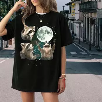 Модная женская футболка с милым принтом в виде енота и луны, забавная повседневная футболка с круглым вырезом и короткими рукавами, летняя женская футболка XS чёрный
