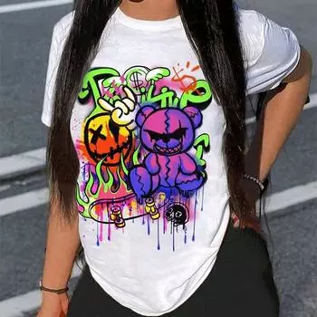 Модная женская футболка с мультяшным крутым животным и медведем, забавная повседневная футболка с круглым вырезом и короткими рукавами, летняя женская футболка XS розовый