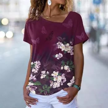 Модная женская футболка с нерегулярным вырезом, летние футболки с 3D цветочным принтом, женские свободные футболки для пар, топы с короткими рукавами, повседневные XL