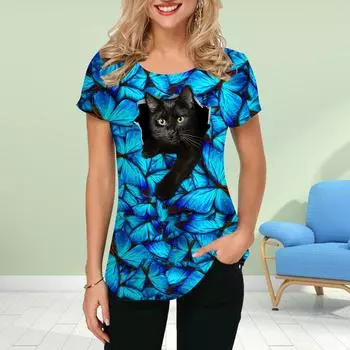 Модная женская футболка с очаровательным принтом кота, забавная повседневная футболка с круглым вырезом и короткими рукавами, летняя женская футболка XS синий