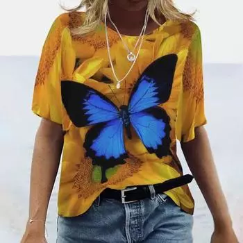 Модная женская футболка с подсолнухом и бабочкой, забавная повседневная футболка с круглым вырезом и короткими рукавами, летняя женская футболка XS красный