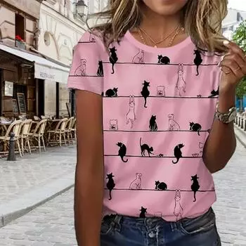 Модная женская футболка с полосатым принтом кота, забавная повседневная футболка с круглым вырезом и короткими рукавами, летняя женская футболка XS розовый