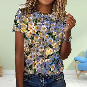 Модная женская футболка с принтом 3D-ромашки, забавная повседневная футболка с круглым вырезом и короткими рукавами, летняя женская футболка XS синий