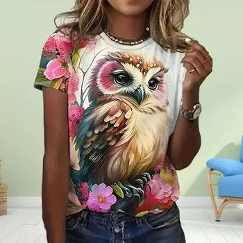 Модная женская футболка с принтом 3D совы, забавная повседневная футболка с круглым вырезом и короткими рукавами, летняя женская футболка XS розовый