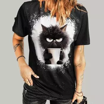 Модная женская футболка с принтом Angry Cute Cat, забавная повседневная футболка с круглым вырезом и короткими рукавами, летняя женская футболка XS фиолетовый