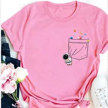 Модная женская футболка с принтом астронавта и планеты, забавная повседневная футболка с круглым вырезом и короткими рукавами, летняя женская футболка XS розовый